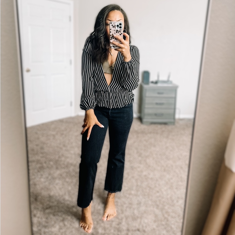 Reformation deep v, stripped blouse with elastic waist
